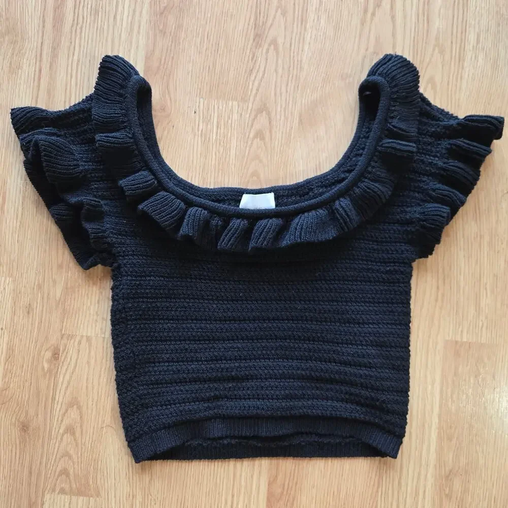 H&M Women Black Knit Crochet Cropped Top M Ruffles Boho Cottage Festival Peasant